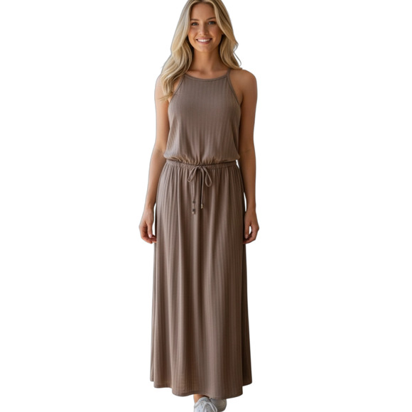 Pink Rose Women's Maxi Dress S Tan Sleeveless Blouson Ribbed Drawstring Long - Picture 1 of 8